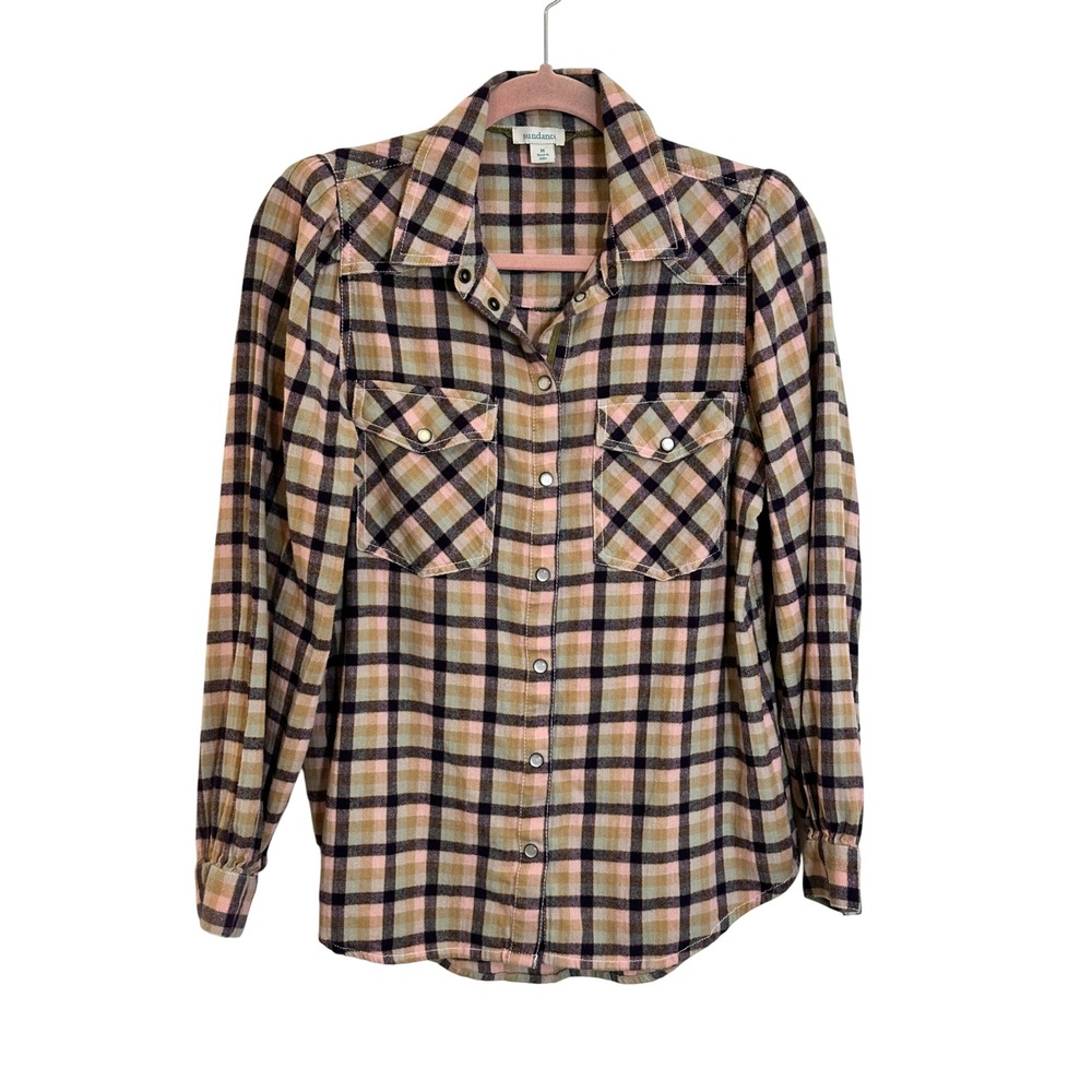 Sundance Flannel Pearl Snap‎ Shirt Size M Pink Purple Plaid Puff Sleeve Western